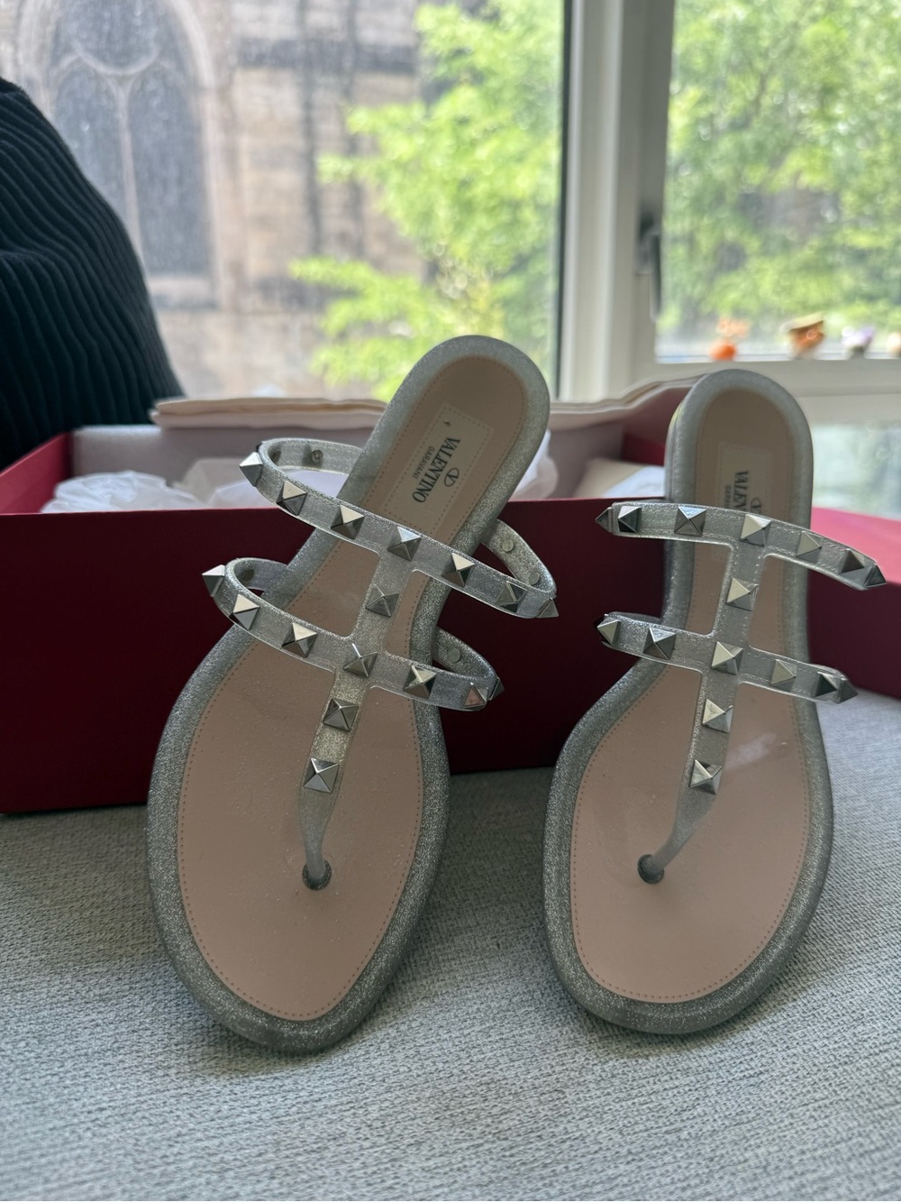 Valentino Garavani Silver Glitter Rockstud Thong Sandals